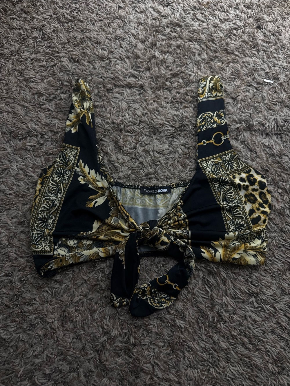 Fashion Nova Black & Gold Baroque Leopard Tie-Front Crop Top/pant set